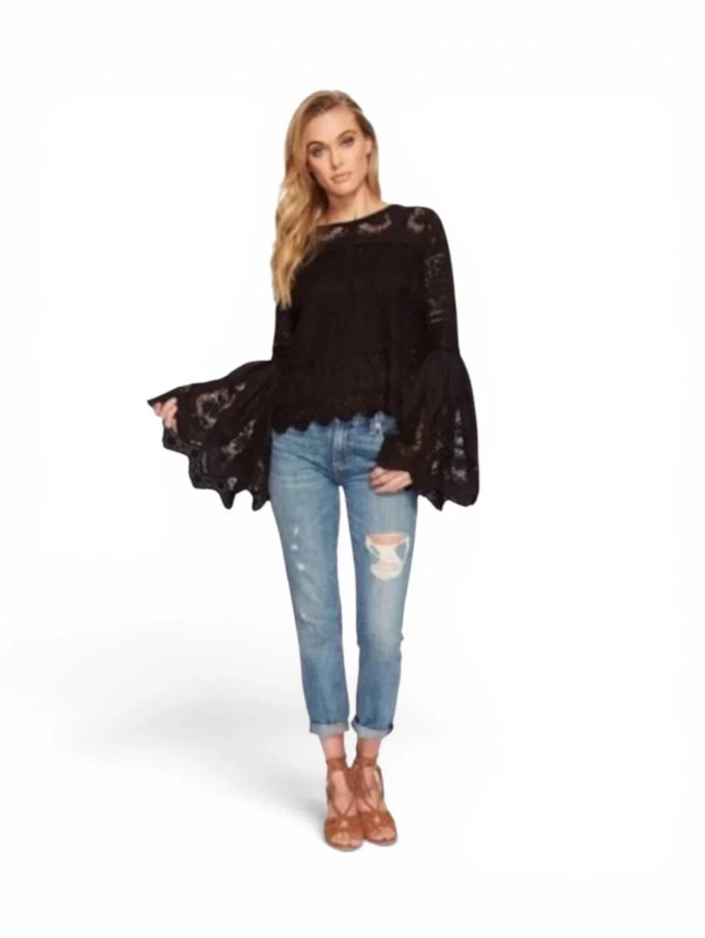 Free People Once Upon A Time Crochet Bell Sleeve Linen Sweater In Black Size L